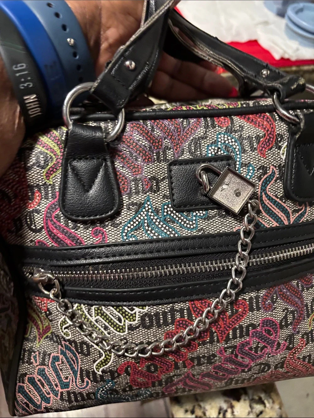Juicy Couture Multicolor Logo Print Dome Satchel with Black Trim w:straps